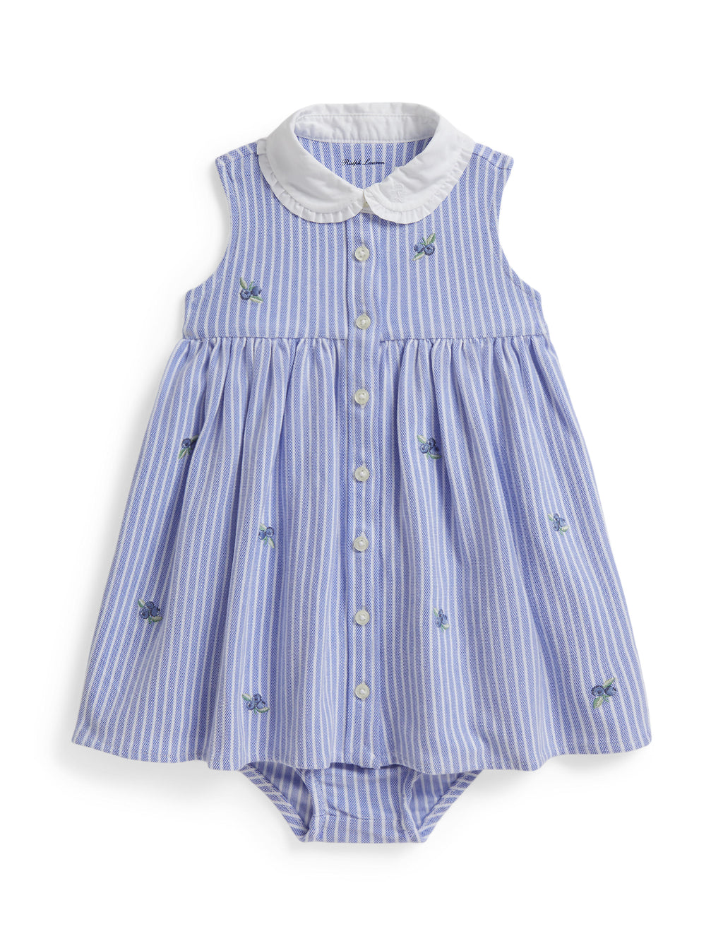 Sleeveless Oxford Mesh Striped Schiffli Ruffle Dress