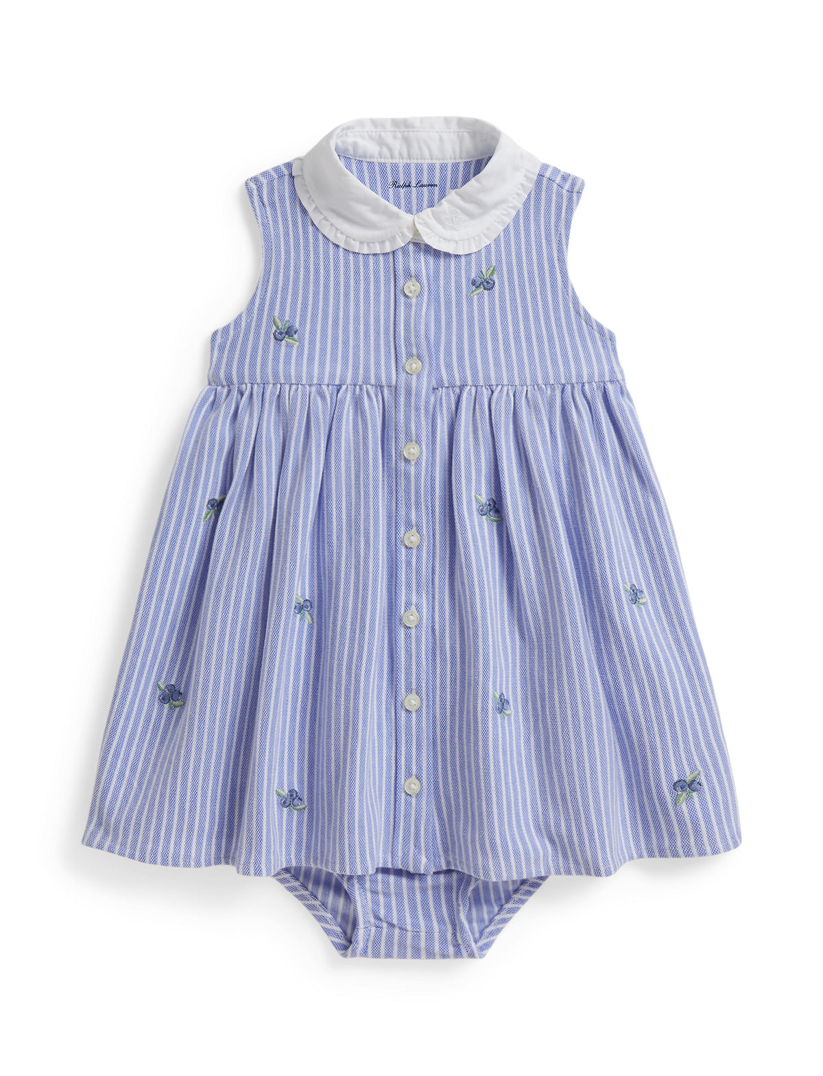 Sleeveless Oxford Mesh Striped Schiffli Ruffle Dress