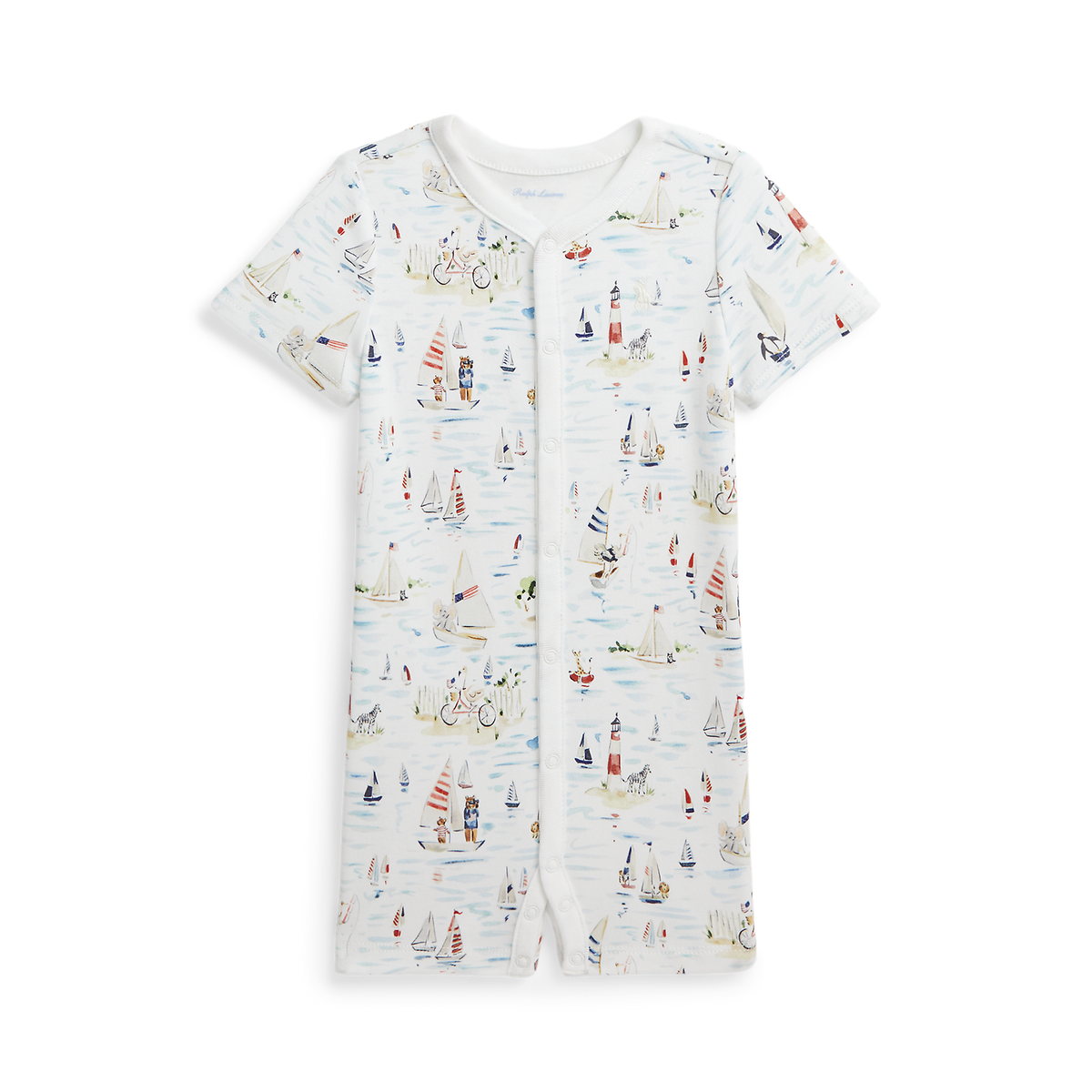 Front view of RL Baby x Riley Sheehey cotton shortall with short sleeves, snap-front placket, and nautical sailboat print
