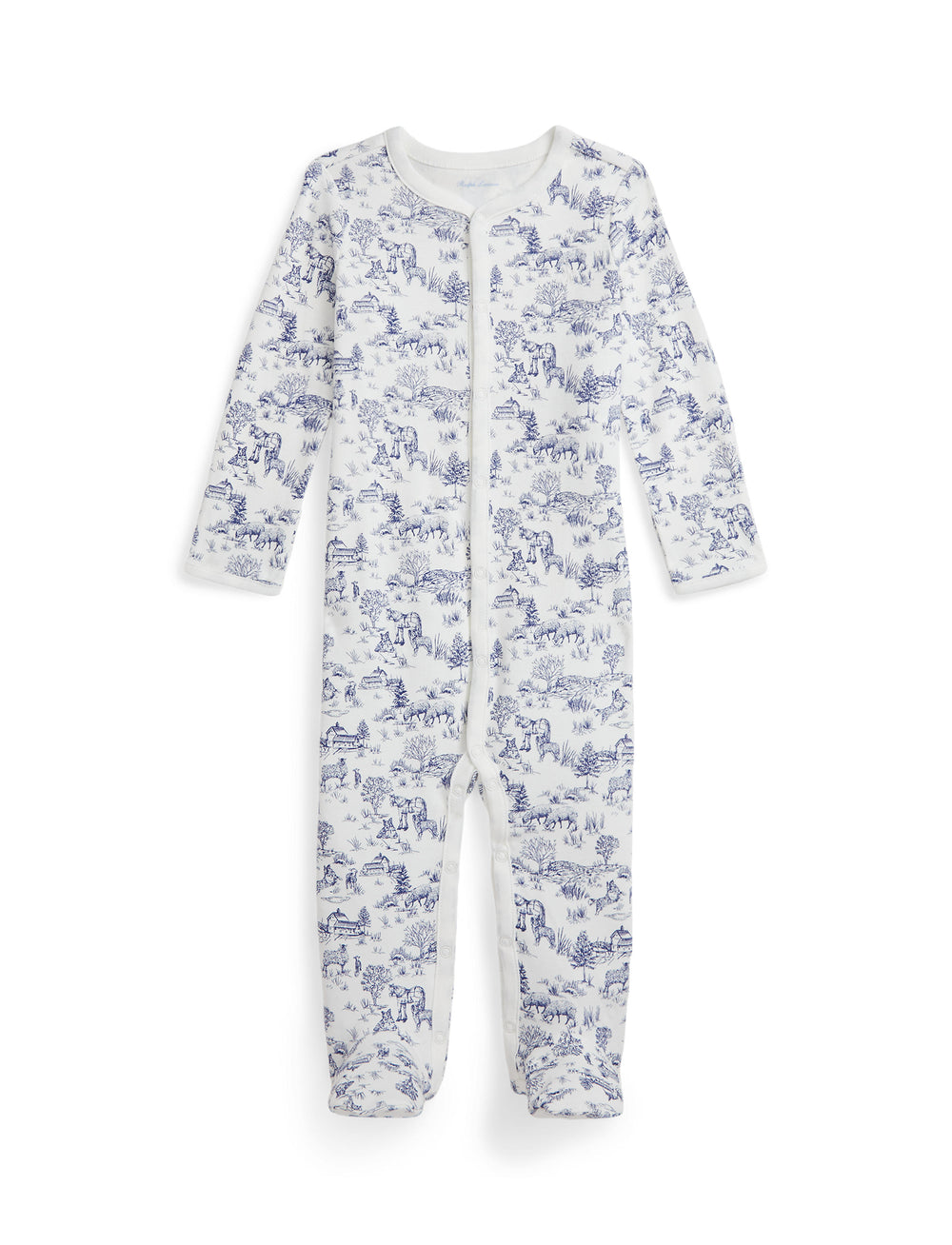 Front view of Aran Isles Footed Coverall with blue toile-style pastoral print, long sleeves, and covered feet