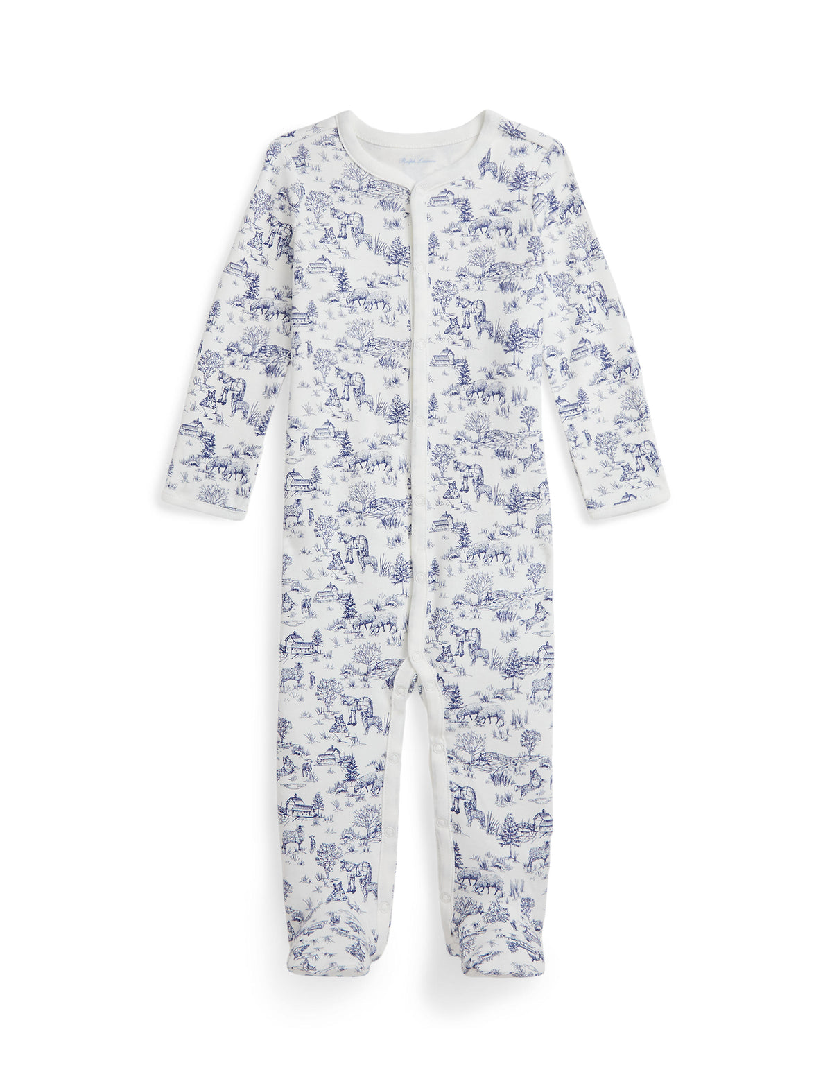 Front view of Aran Isles Footed Coverall with blue toile-style pastoral print, long sleeves, and covered feet
