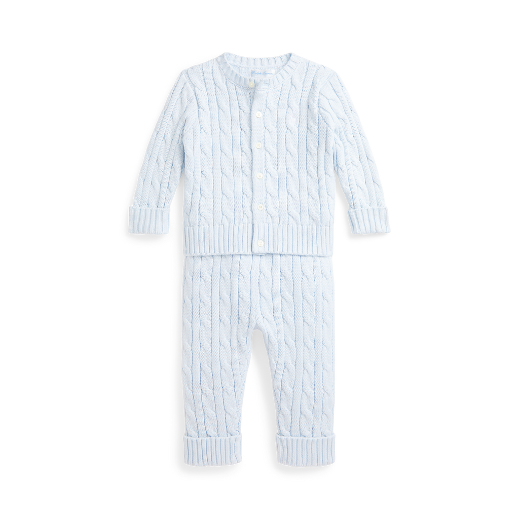 Cable-Knit Cotton Cardigan & Pant Set in Pearl Blue