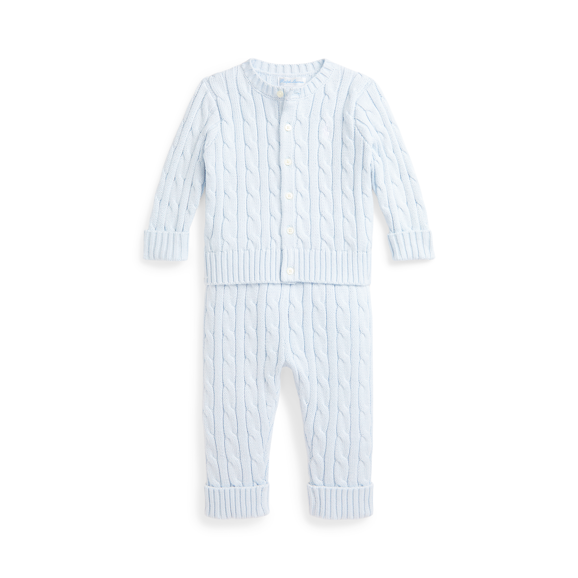 Cable-Knit Cotton Cardigan & Pant Set in Pearl Blue