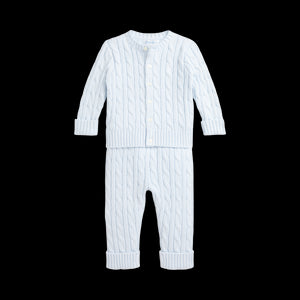 Cable-Knit Cotton Cardigan & Pant Set in Pearl Blue