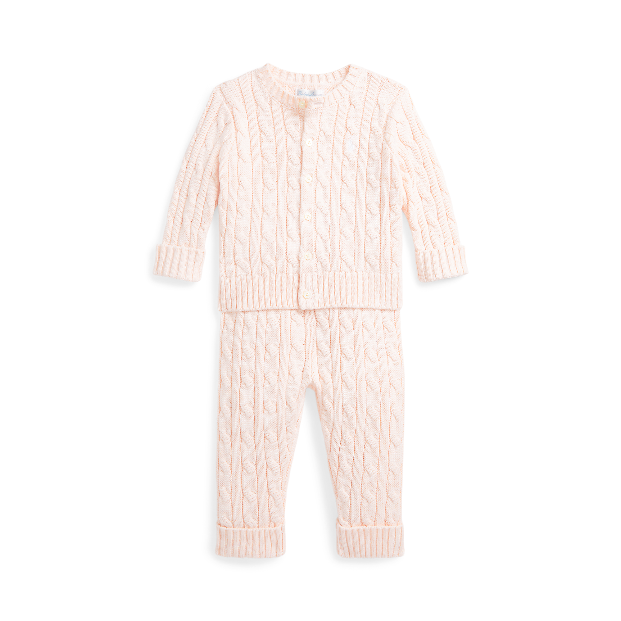 Cable-Knit Cotton Cardigan & Pant Set in Morning Pink