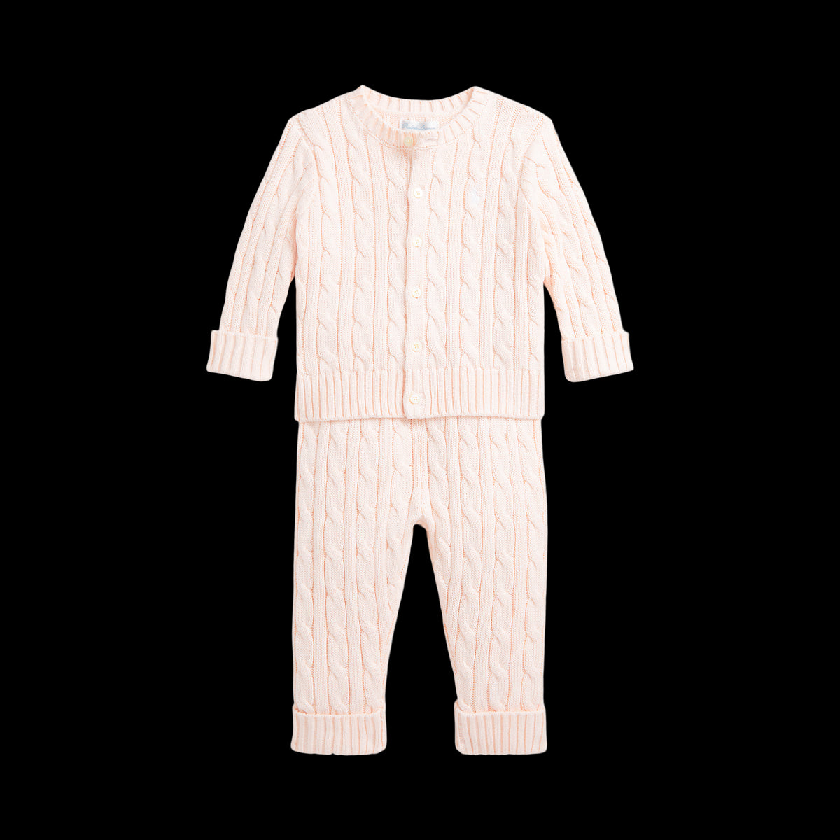 Cable-Knit Cotton Cardigan & Pant Set in Morning Pink