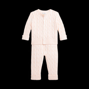 Cable-Knit Cotton Cardigan & Pant Set in Morning Pink