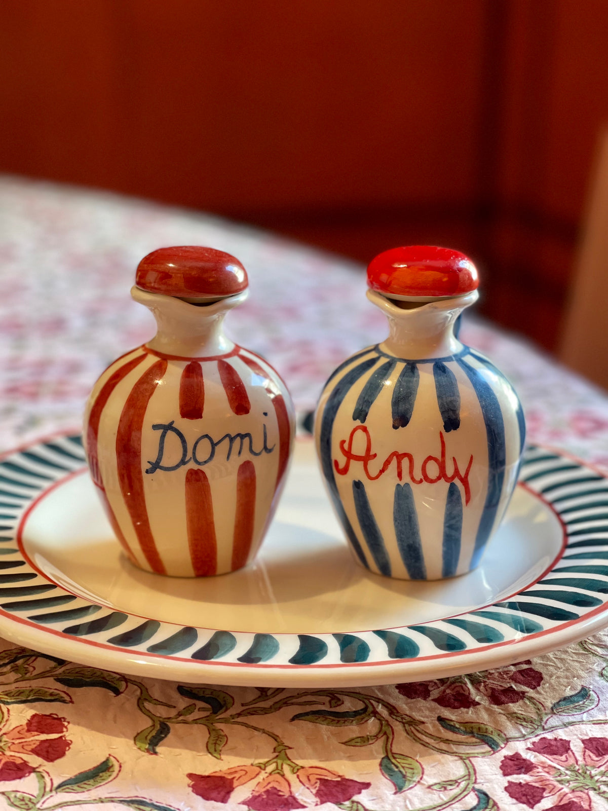 Red, White Blue Olive Oil and Vinegar Bottle, Set of 2