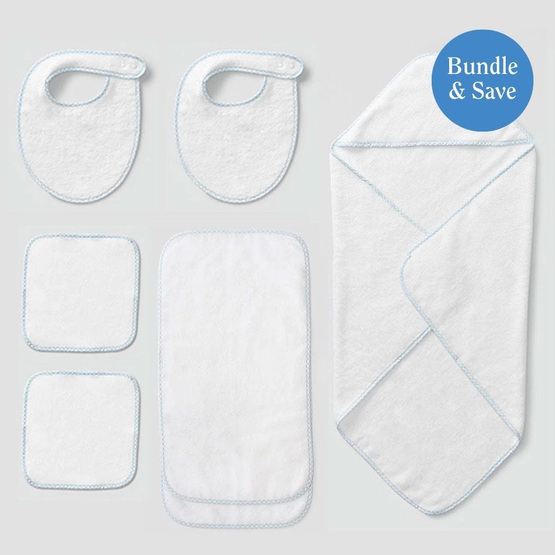 Baby Shower Bundle (1 Baby Hooded Towel, 2 Bibs, 2 Burp Cloths and two Baby Washcloths)