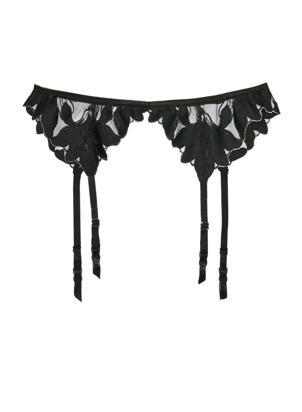 Front view of Lily Embroidery garter belt in black with scalloped floral embroidery, sheer mesh, and four adjustable straps