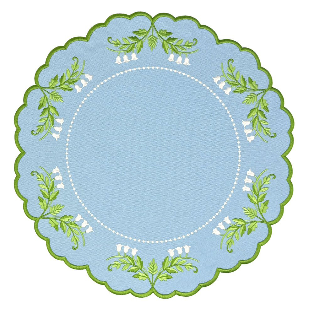 Decorative luxury placemat and with lilly of the valley green leaf embroidery and green and white embroidery
