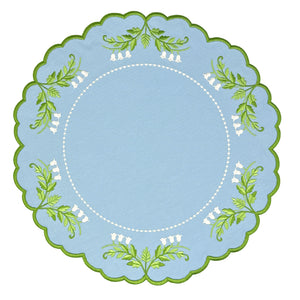 Decorative luxury placemat and with lilly of the valley green leaf embroidery and green and white embroidery