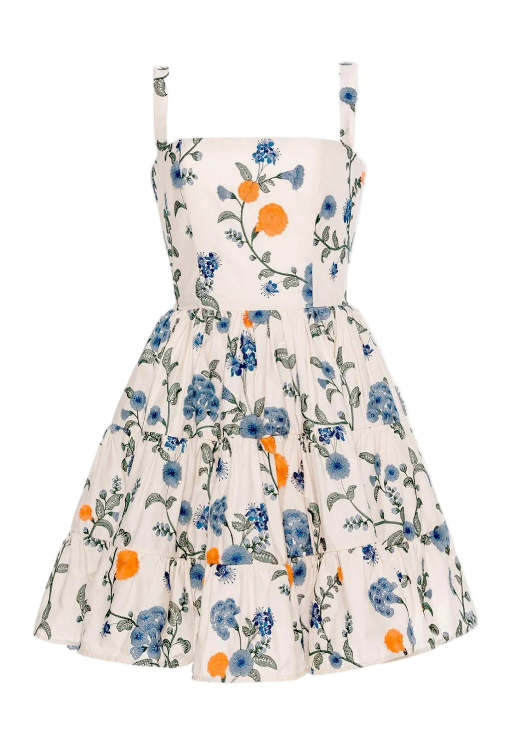 Front view of Lima Brisa Mini Dress showcasing floral embroidery, square neckline, and tiered ruffle skirt on a white background