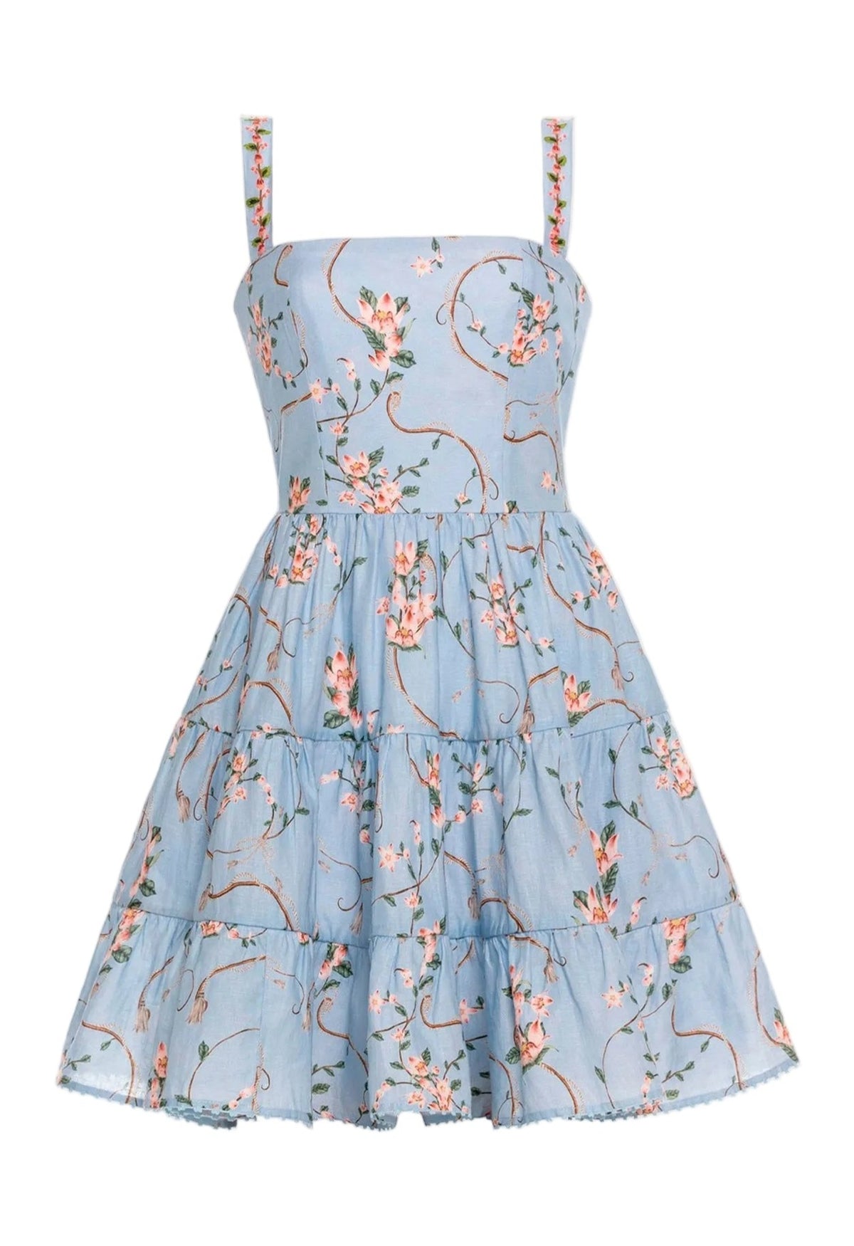 Front view of Lima Mini Navegante Mini Dress showcasing floral print, embroidered straps, and tiered ruffle skirt