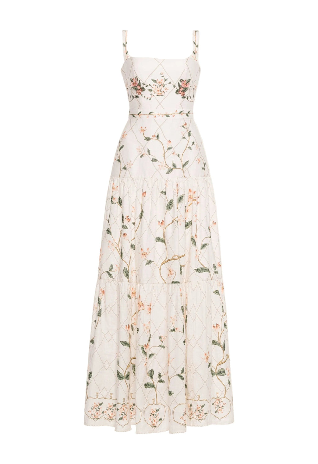 Front view of Lima Navegante Maxi Dress with floral print, square neckline, embroidered straps, and tiered ruffle skirt