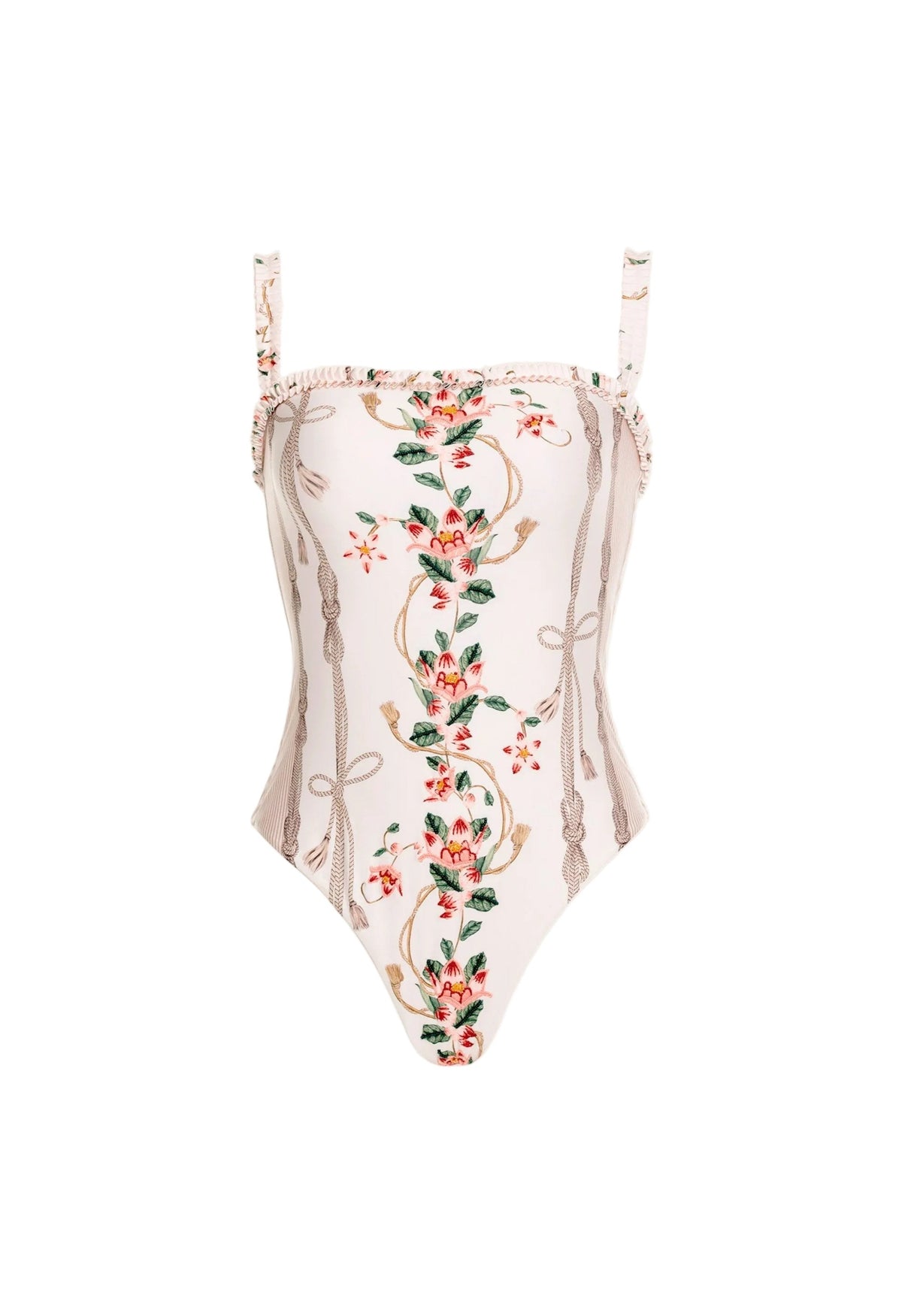Front view of Limón Navegante One-Piece showcasing ruffled square neckline and floral embroidery on white background