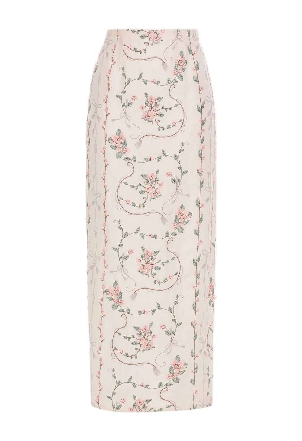 Front view of Lirica Navegante Maxi Skirt showcasing high-rise straight fit and floral embroidery against a white background