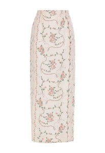 Front view of Lirica Navegante Maxi Skirt showcasing high-rise straight fit and floral embroidery against a white background