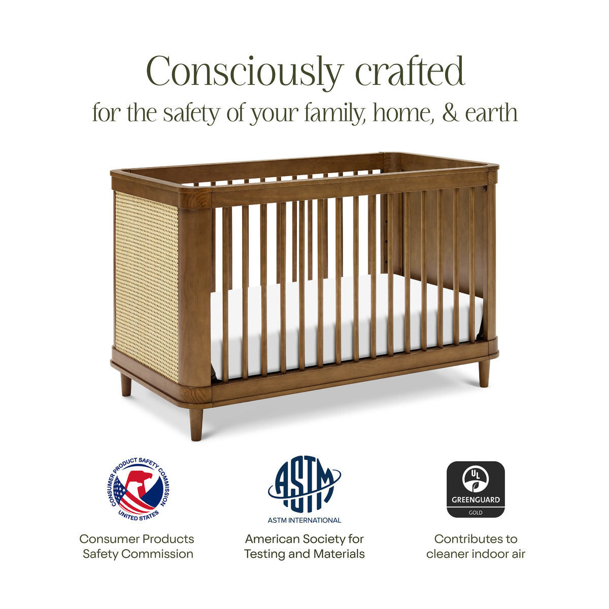 Marin with Cane 3-in-1 Convertible Crib in Natural Walnut & Blonde Cane