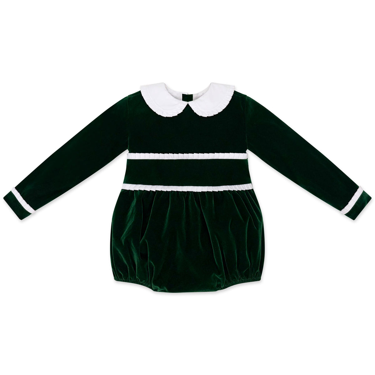 Baby girls’ Long Sleeve Grace Bubble in Grafton Green Velvet with a white pleated collar, waist and cuff trim.
