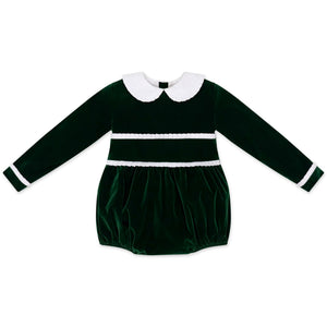 Baby girls’ Long Sleeve Grace Bubble in Grafton Green Velvet with a white pleated collar, waist and cuff trim.