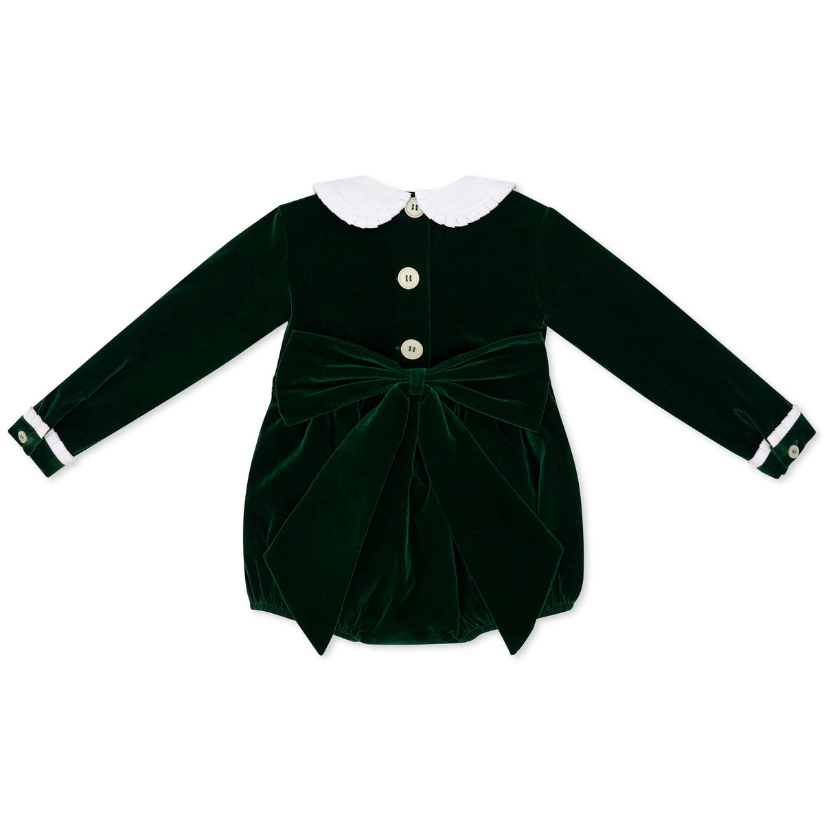 Baby girls’ Long Sleeve Grace Bubble in Grafton Green Velvet with a white pleated collar, waist and cuff trim.