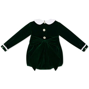 Baby girls’ Long Sleeve Grace Bubble in Grafton Green Velvet with a white pleated collar, waist and cuff trim.