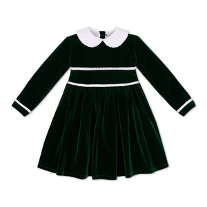Baby girls’ Long Sleeve Grace Bubble in Grafton Green Velvet with a white pleated collar, waist and cuff trim.