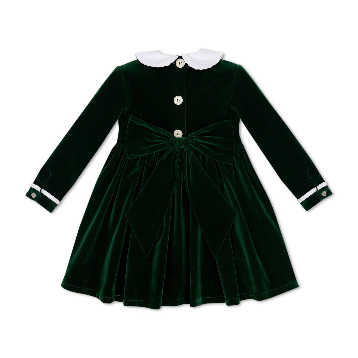 Baby girls’ Long Sleeve Grace Bubble in Grafton Green Velvet with a white pleated collar, waist and cuff trim.