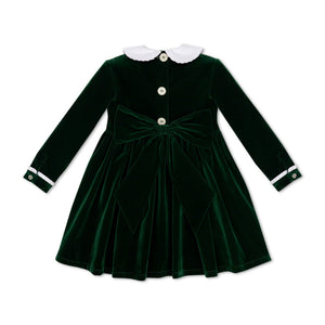 Baby girls’ Long Sleeve Grace Bubble in Grafton Green Velvet with a white pleated collar, waist and cuff trim.