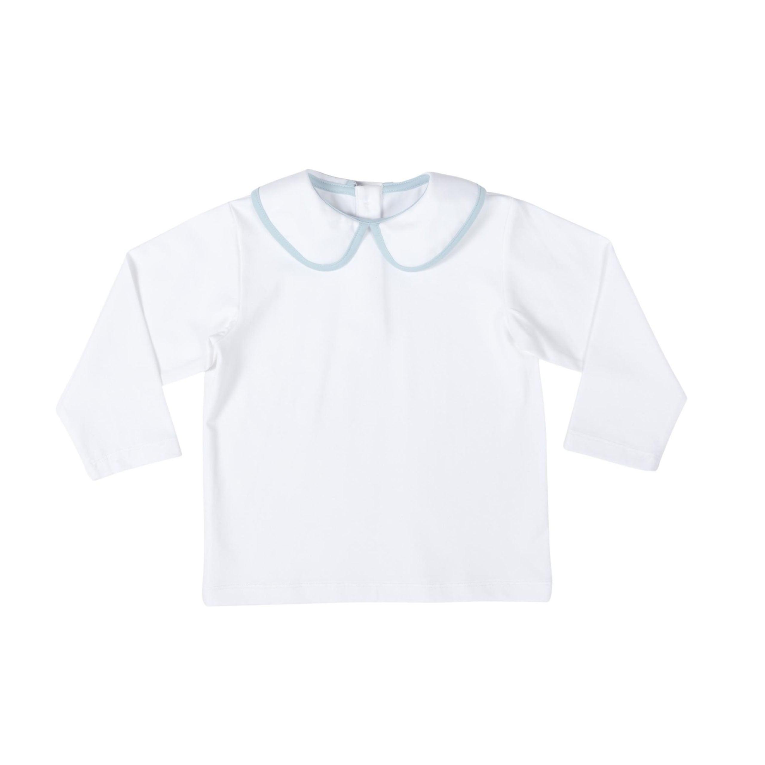 Long Sleeve Teddy Peter Pan in Classic White with Bay Tree Blue Trim