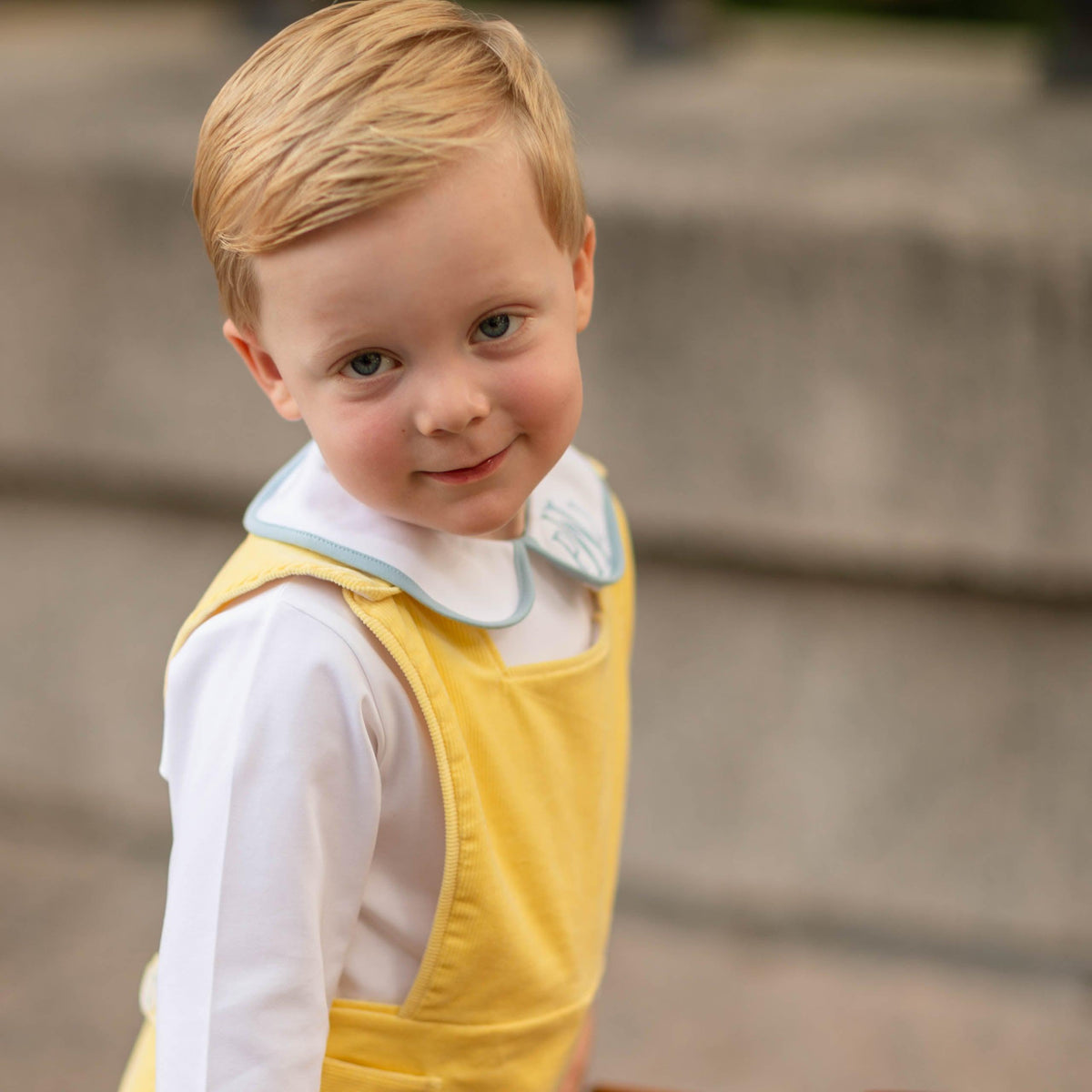 Long Sleeve Teddy Peter Pan in Classic White with Bay Tree Blue Trim