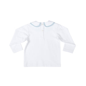 Long Sleeve Teddy Peter Pan in Classic White with Bay Tree Blue Trim