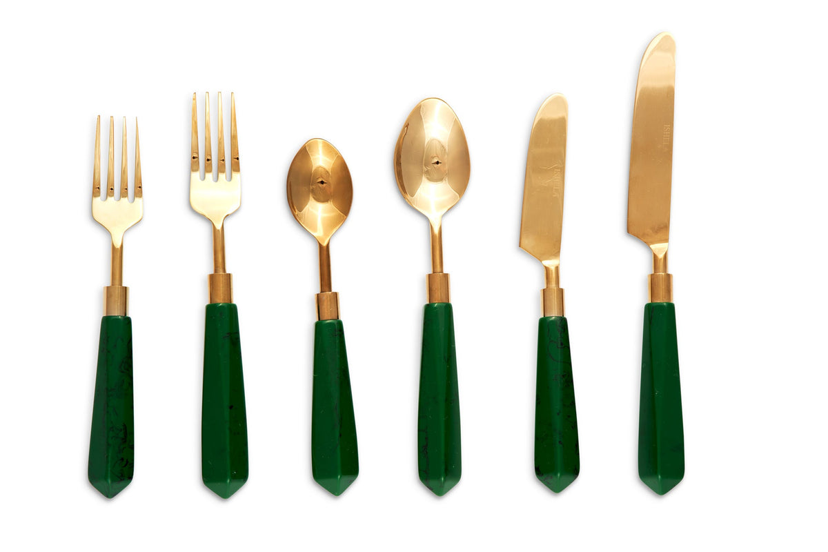 Front view of Malachite Cutlery showcasing six gold-tone stainless steel pieces with dark green resin handles on white