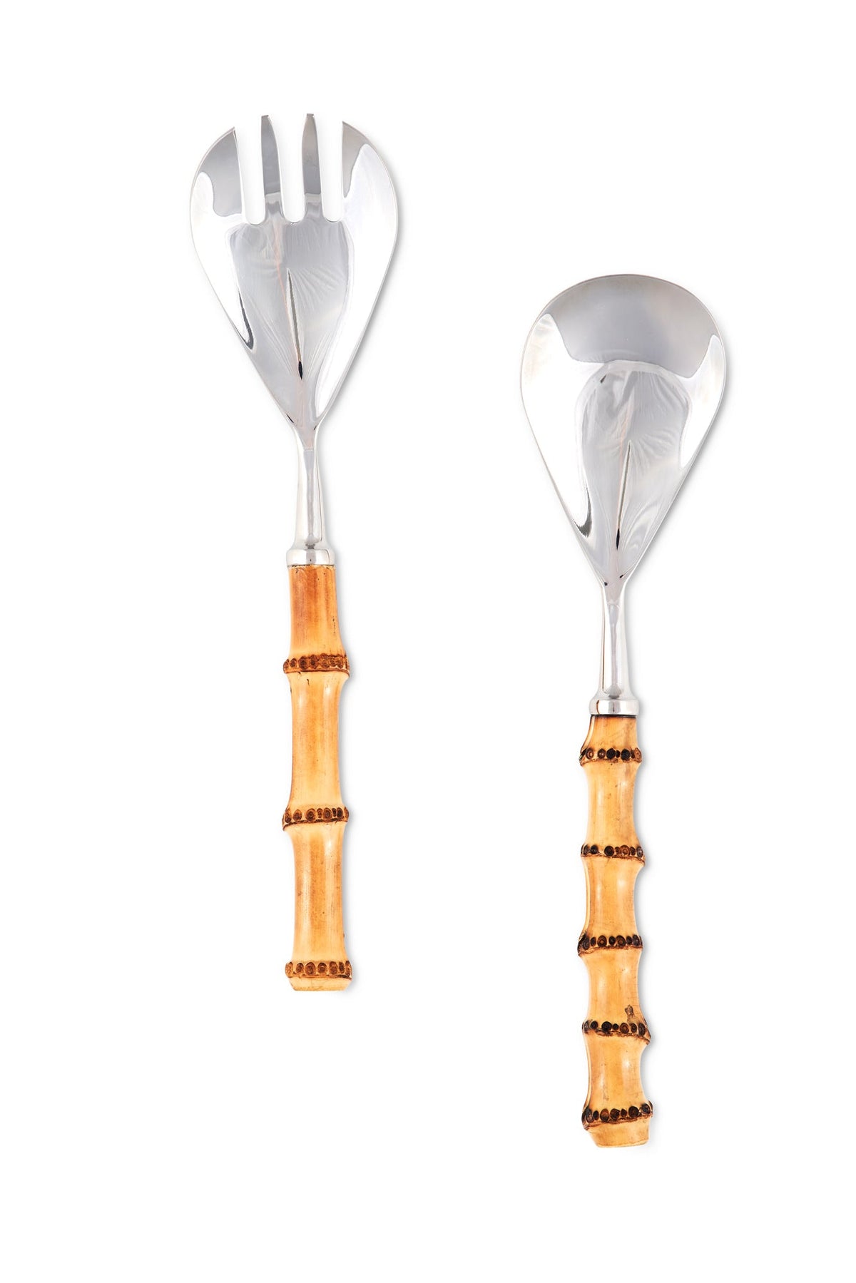 Top view of bamboo-handled salad servers showing stainless steel fork and spoon heads on white background