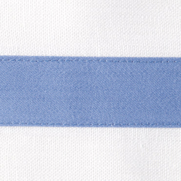 Close-up of Lowell guest towel (set of 2) showing azure Nocturne sateen trim on white linen