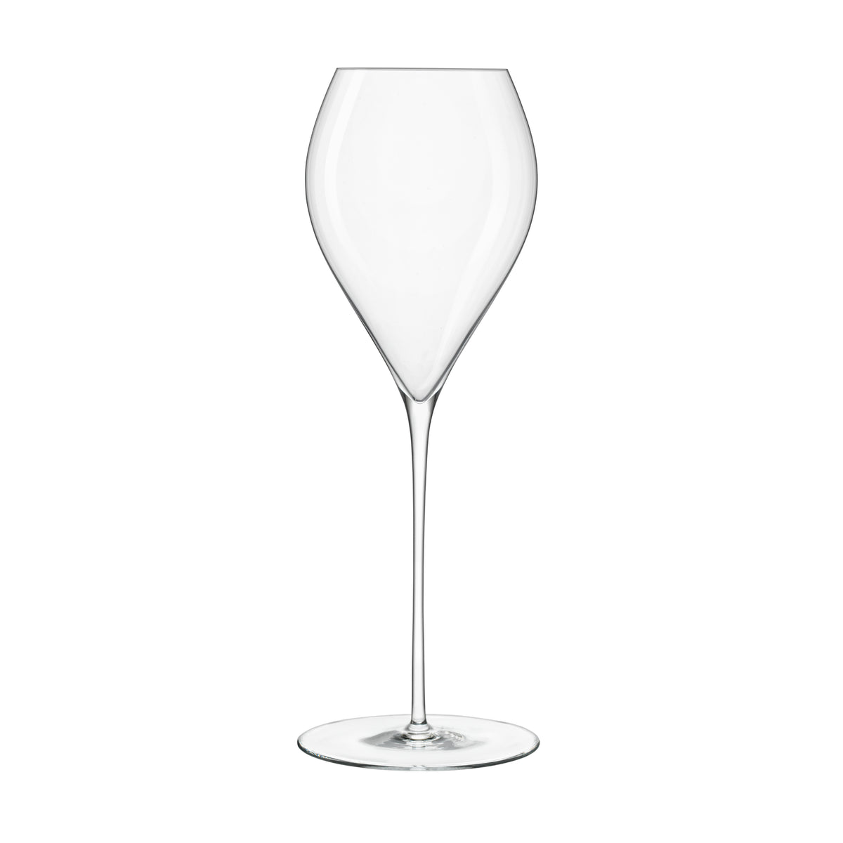 Front view of Luigi Bormioli Sapientia Hand Made Bollicine sparkling stemglass showcasing rounded bowl on white background