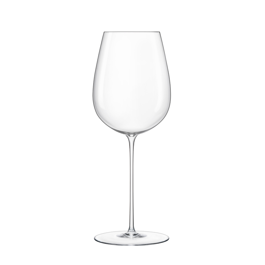 Front view of Luigi Bormioli Sapientia Hand Made Bordeaux wine glass showcasing its mouth-blown crystal design on a white background