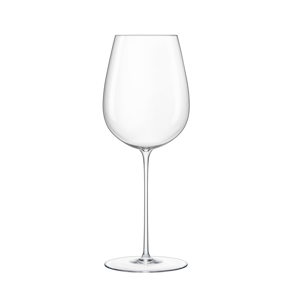 Front view of Luigi Bormioli Sapientia Hand Made Bordeaux wine glass showcasing its mouth-blown crystal design on a white background