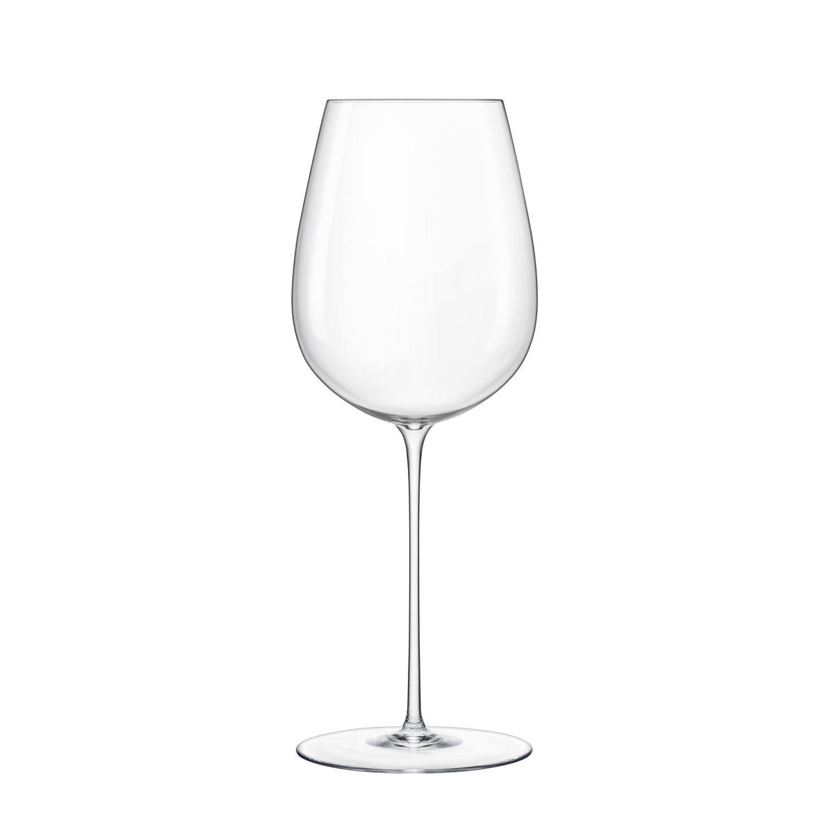 Front view of Luigi Bormioli Sapientia Hand Made Bordeaux wine glass showcasing its mouth-blown crystal design on a white background
