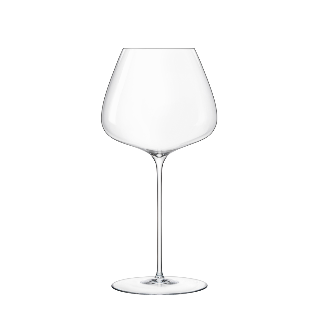 Front view of Luigi Bormioli Sapientia hand made wine glass showcasing its long stem and wide bowl on a white background