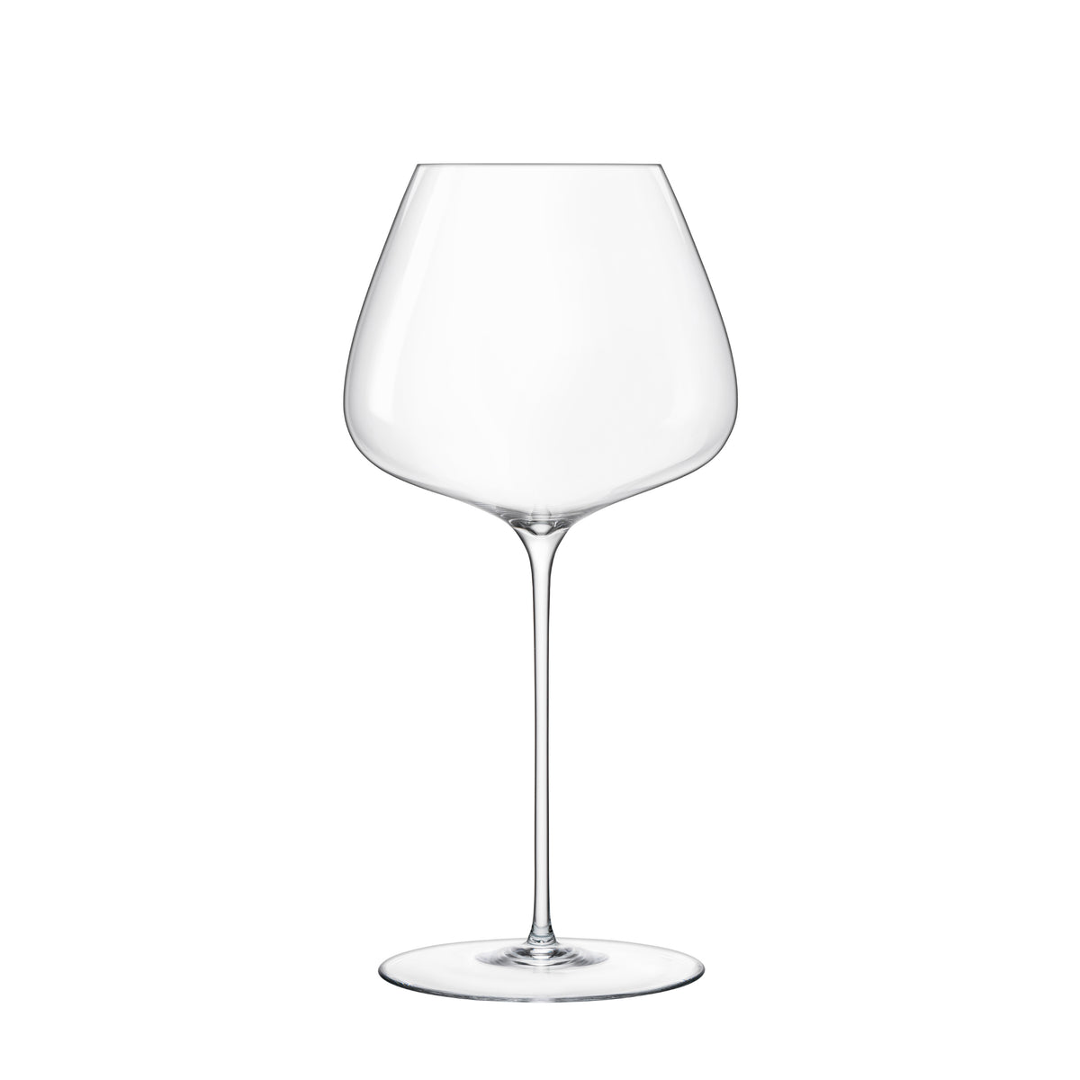 Front view of Luigi Bormioli Sapientia hand made wine glass showcasing its long stem and wide bowl on a white background
