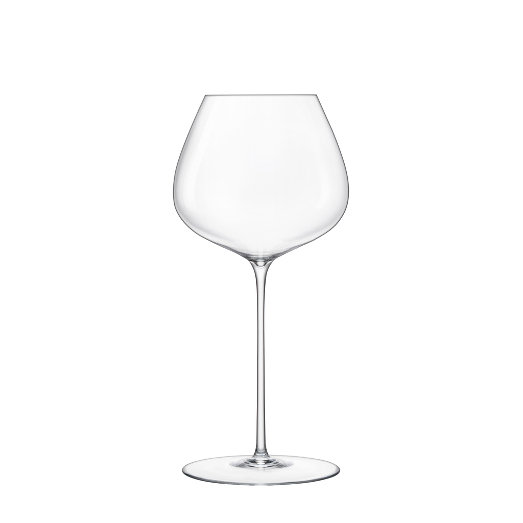 Front view of Luigi Bormioli Sapientia Hand Made Cabernet Merlot wine glass showcasing its wide bowl and long stem on a white background