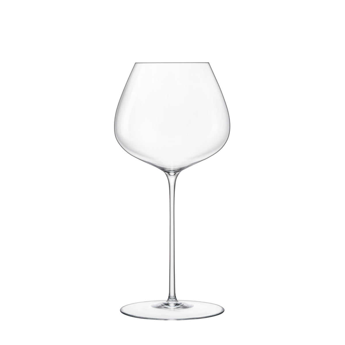 Front view of Luigi Bormioli Sapientia Hand Made Cabernet Merlot wine glass showcasing its wide bowl and long stem on a white background