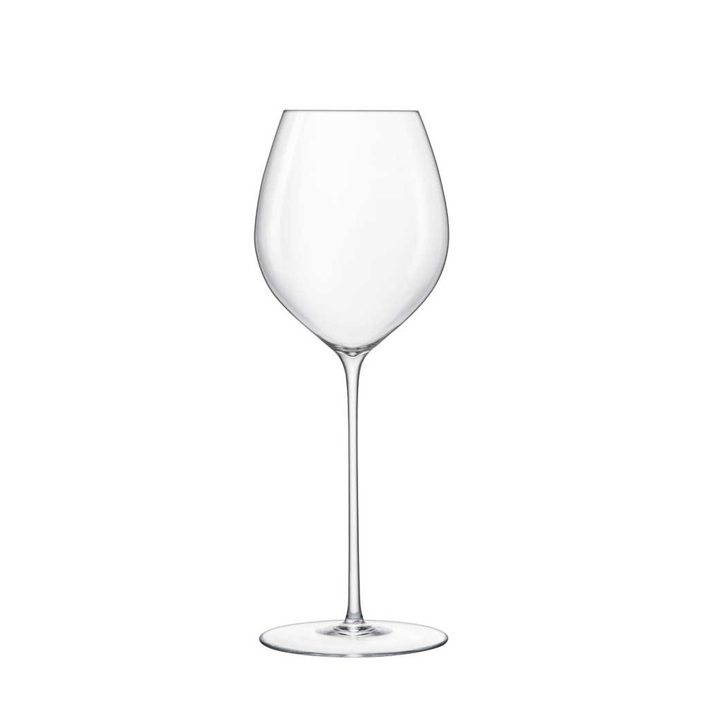 Front view of Luigi Bormioli Sapientia Hand Made Chardonnay wine glass showcasing its tall narrow bowl and slender stem on a white background