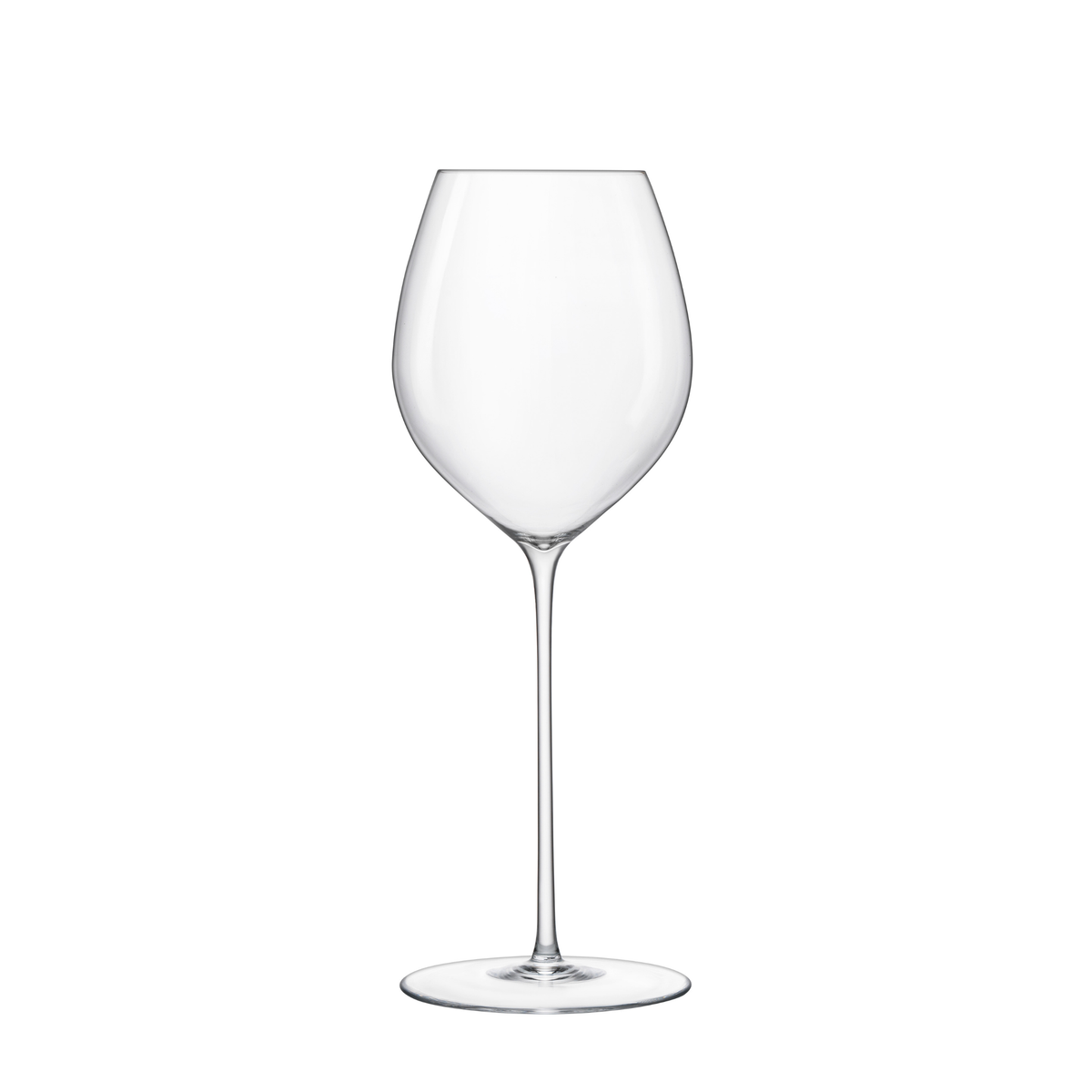 Front view of Luigi Bormioli Sapientia Hand Made Chardonnay wine glass showcasing its tall narrow bowl and slender stem on a white background