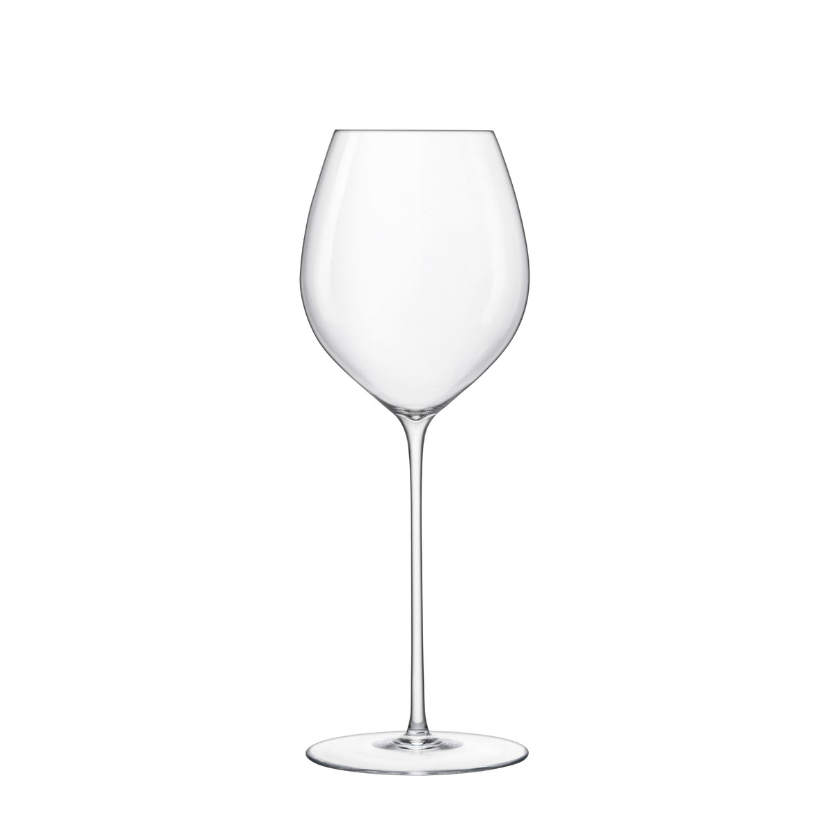 Front view of Luigi Bormioli Sapientia Hand Made Chardonnay wine glass showcasing its tall narrow bowl and slender stem on a white background