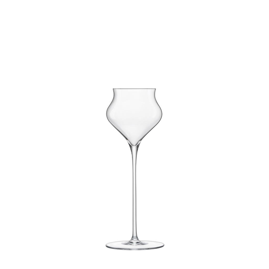 Front view of Luigi Bormioli Sapientia Hand Made Spirits stemglass showcasing its tulip shaped bowl and long stem with a white background
