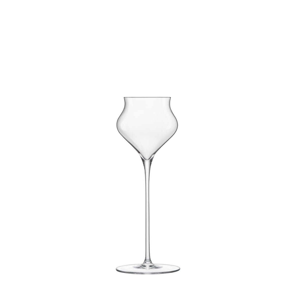 Front view of Luigi Bormioli Sapientia Hand Made Spirits stemglass showcasing its tulip shaped bowl and long stem with a white background