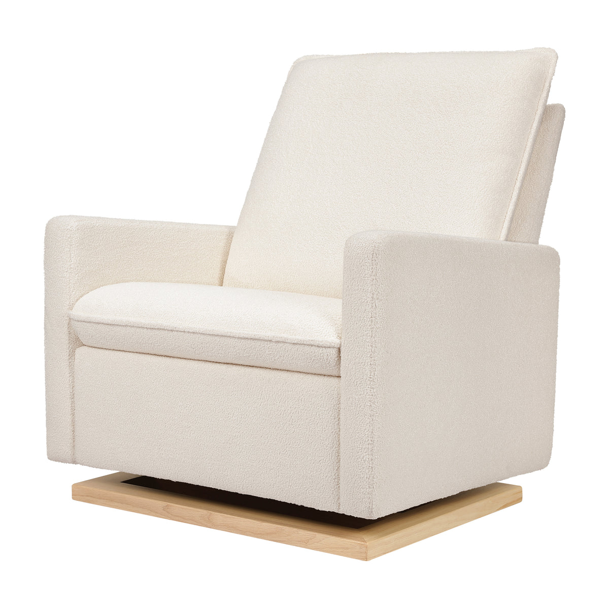 Front three-quarter view of Cali Pillowback Chair and a Half Glider showcasing Chantilly fleece and light wood base